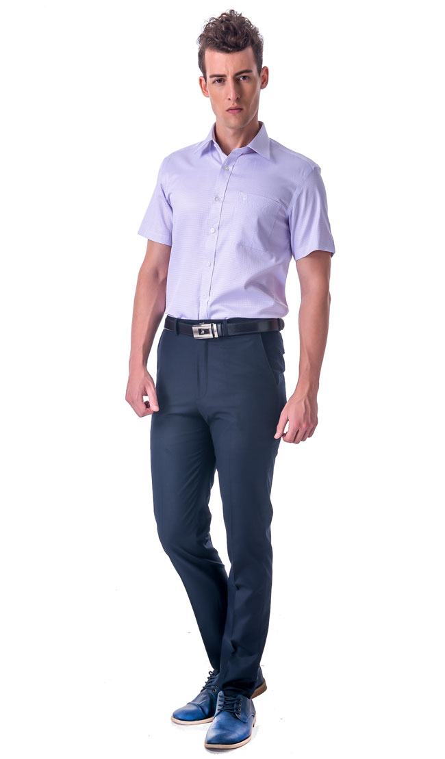 金‧安德森 紫色細格紋窄版短袖襯衫