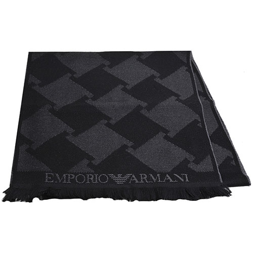 EMPORIO ARMANI 義大利製字母老鷹LOGO圖騰高質感羊毛圍巾(黑色系)