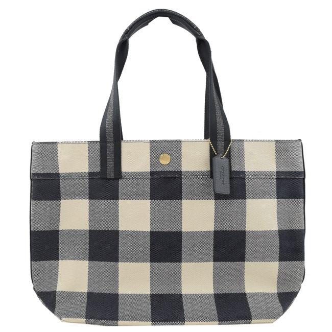 COACH 格紋普普風厚帆布大托特購物包(深藍/白)