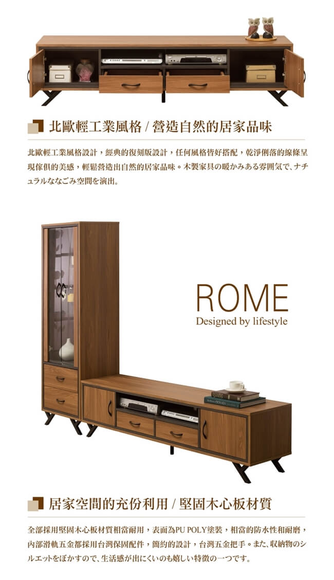 日本直人木業-ROME胡桃木工業風180CM電視櫃加60CM展示櫃