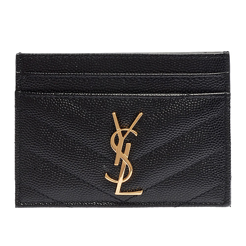 YSL MONOGRAM系列V字縫線魚子醬牛皮金屬LOGO萬用票卡/證件名片夾(黑)