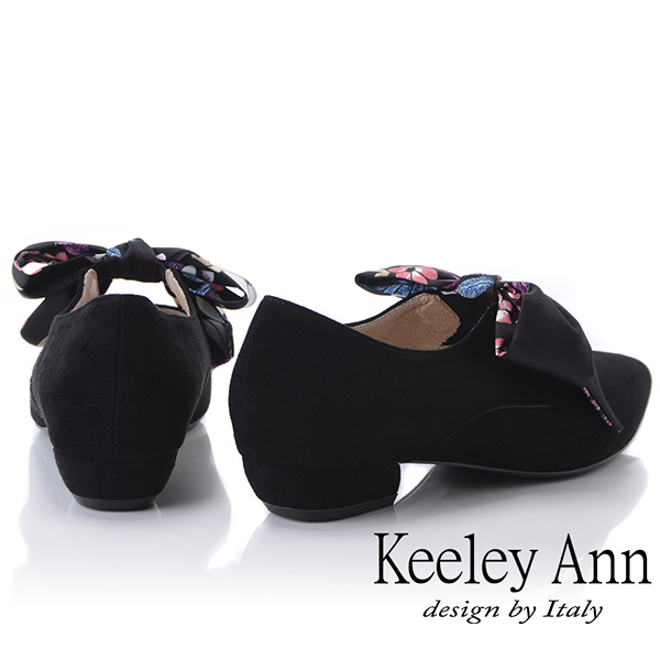 Keeley Ann 復古俏皮~碎花蝴蝶結平低跟全真皮瑪莉珍鞋(黑色)
