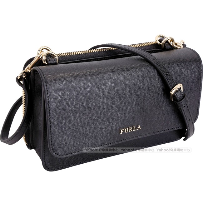 FURLA Riva 多功能皮夾款牛皮斜背包(黑色)