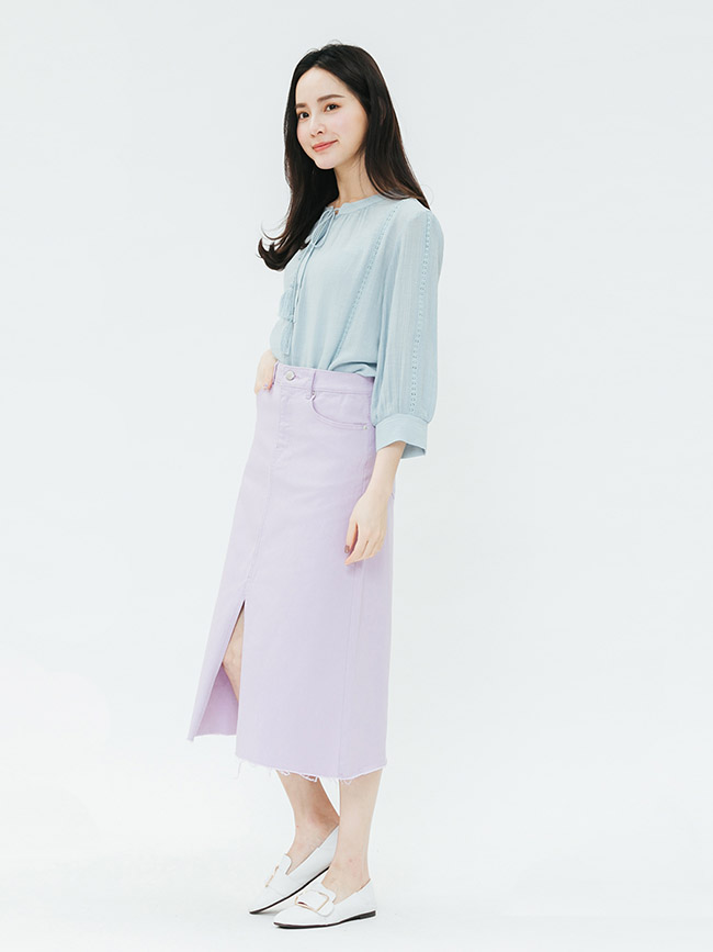 H:CONNECT 韓國品牌 女裝-流蘇綁結刺繡上衣-藍綠色