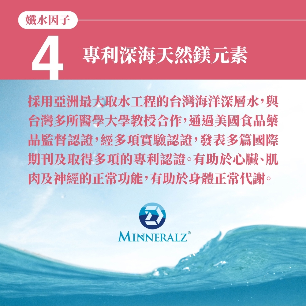 水因子4專利深海天然元素採用亞洲最大取水工程的台灣海洋深層水,與台灣多所醫學大學教授合作,通過美國食品藥品監督認證,經多項實驗認證,發表多篇國際期刊及取得多項的專利認證。有助於心臟、肌肉及神經的正常功能,有助於身體正常代謝。MINNERALZⓇ