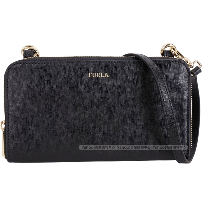 FURLA Riva 多功能皮夾款牛皮斜背包(黑色)