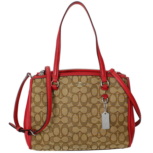 COACH Stanton Carryall 29卡其Logo紅邊多層肩背/斜背包