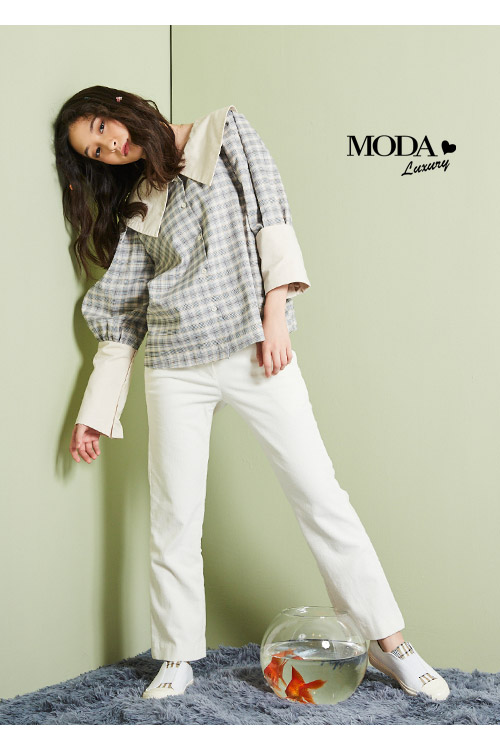 休閒鞋 MODA Luxury 簡約拼接復古格紋全真皮厚底休閒鞋－白