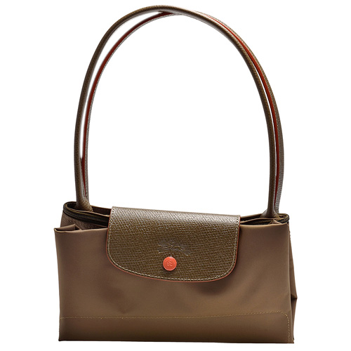 LONGCHAMP Collection系列刺繡摺疊暗釦/拉鍊長提把尼龍水餃包-大-卡其色