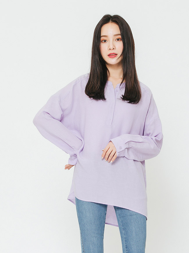 H:CONNECT 韓國品牌 女裝-半開襟純色麻料襯衫-紫