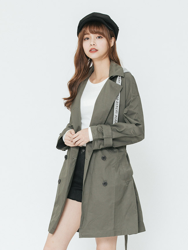 H:CONNECT 韓國品牌 女裝-連帽造型雙排扣風衣外套-綠