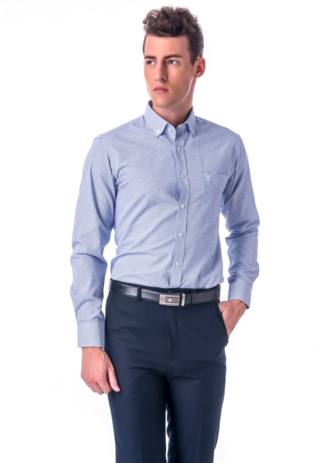 金‧安德森 藍色格紋釘釦窄版長袖襯衫