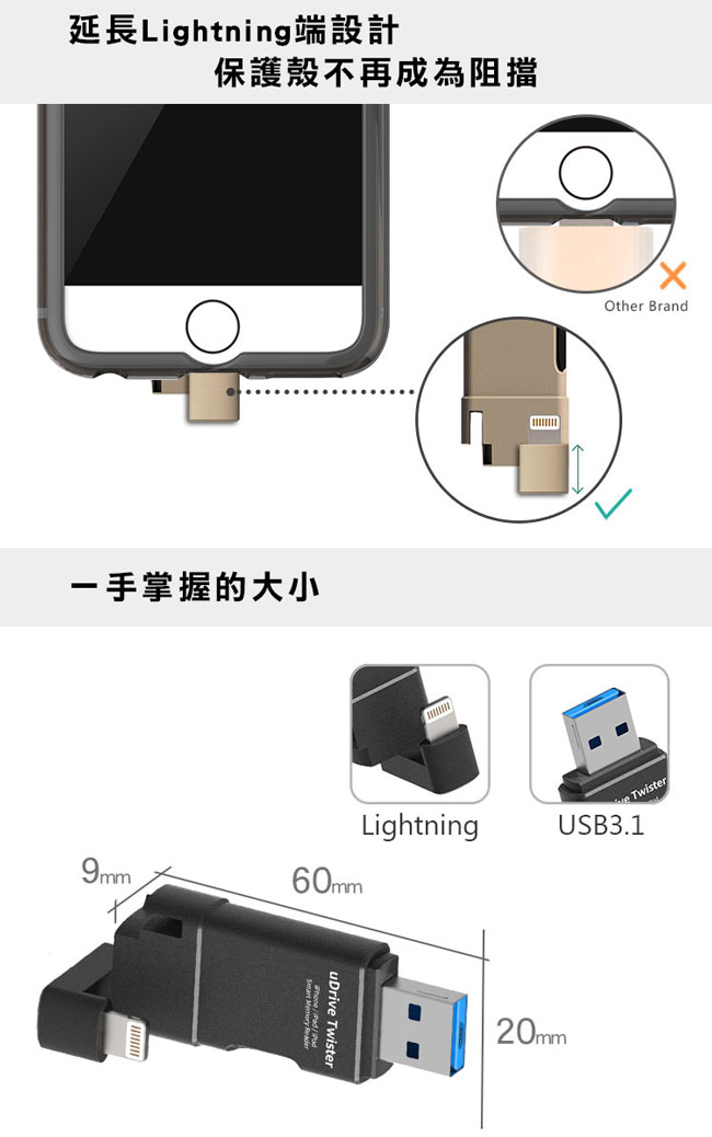 TEKQ uDrive Twister USB3.1 200G OTG雙頭蘋果碟