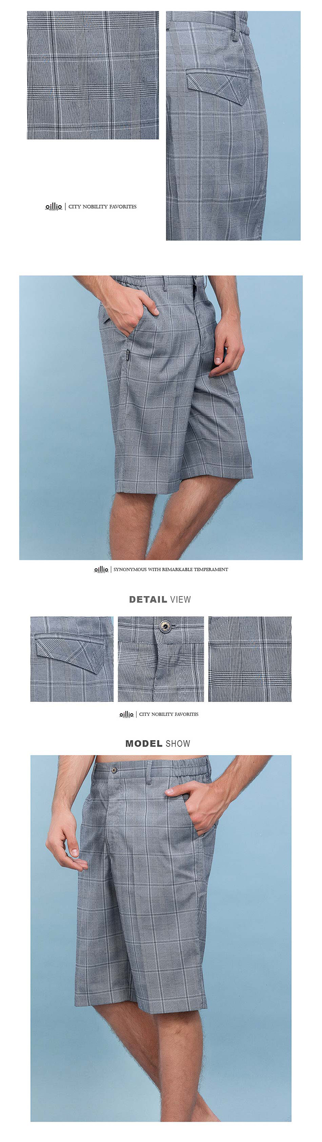 oillio歐洲貴族 休閒格紋短褲 紳式風格 超柔超軟布料 灰色