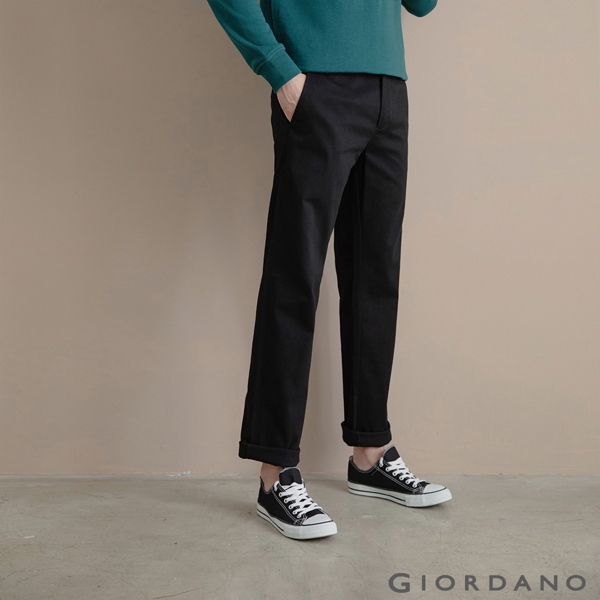 GIORDANO 男裝基本款錐形彈力卡其長褲 - 01 標誌黑