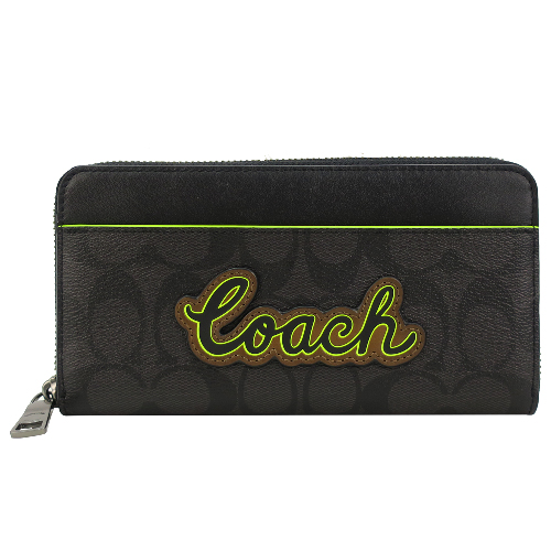 COACH 經典C LOGO 塗鴉PVC男用長夾(黑灰X螢光黃)