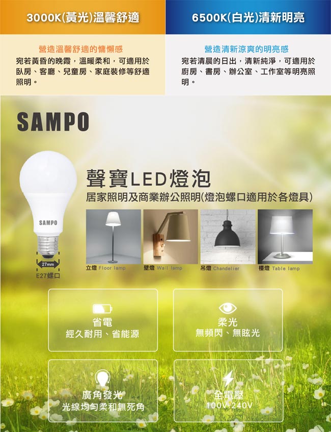 SAMPO聲寶 全電壓16W LED燈泡-超值3入組(白光/黃光可選)