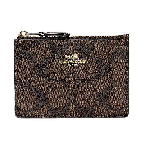 COACH LOGO馬車PVC皮革卡夾鑰匙零錢包 深棕LOGO皮革x黑(無吊牌)