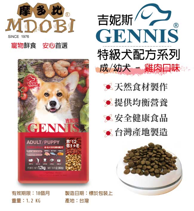 MDOBI摩多比-GENNIS吉妮斯 特級成/幼犬配方 狗飼料1.2KG-雞肉口味