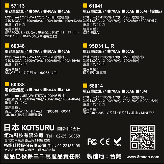 日本KOTSURU-8馬赫鋰鈦汽車啟動電瓶 58014 / 50Ah