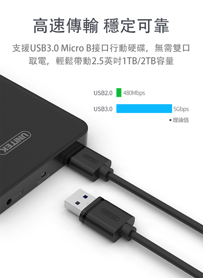 UNITEK USB3.0資料傳輸線(2M)黑色