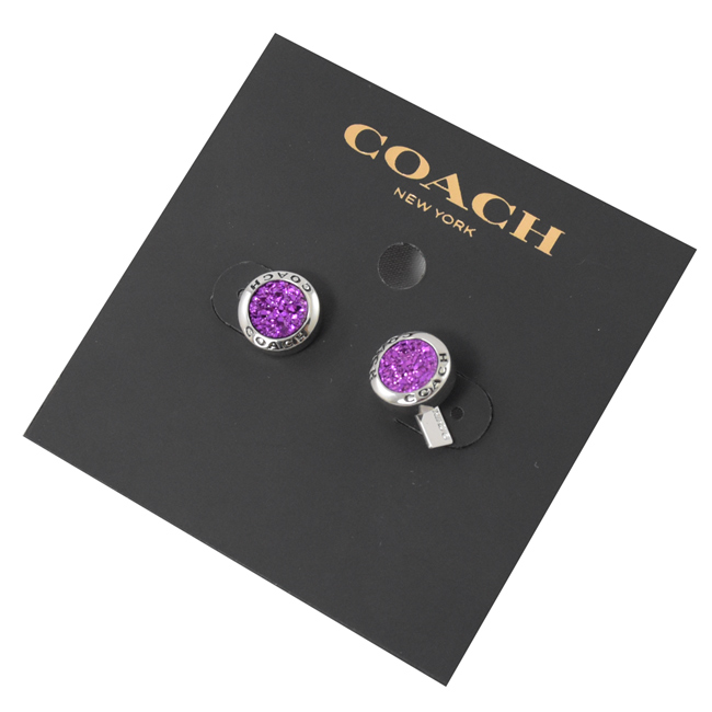 COACH 圓型LOGO紫色造型裝飾耳環(銀)