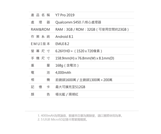 【官旗】HUAWEI Y7 Pro 2019 (3G/32G) 6.26吋智慧型手機