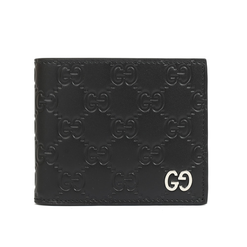 GUCCI Signature 金屬LOGO 對開短夾(八卡-黑色)