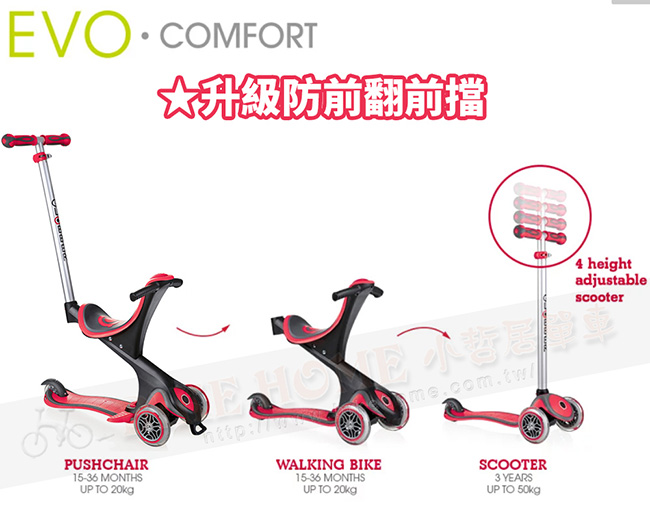 GLOBBER哥輪步 2019舒適版升級前擋EVO COMFORT五合一兒童滑板滑步車-紅