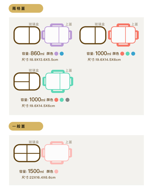 美國Winox 安玻分隔玻璃保鮮盒長形2格1000ML*2入