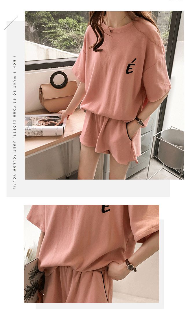 Jilli-ko 兩件套刺繡短袖運動套裝 - 粉紅/紅/灰
