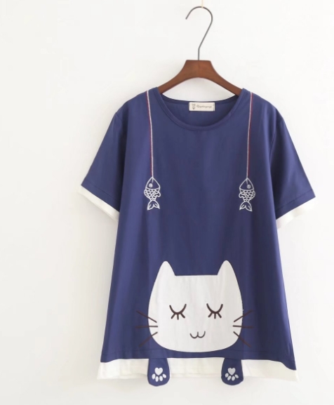 SUPER COLOR 日系貓拼貼刺繡假二件短袖棉質上衣T恤