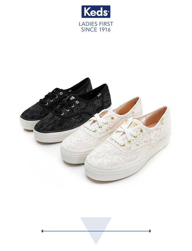 Keds TRIPLE 蕾絲緹花厚底綁帶帆布鞋-黑