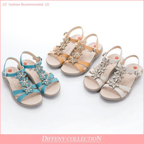 DN 輕恬休閒 MIT牛皮立體手工花朵涼鞋-藍