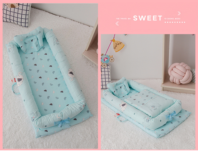 雙層紗純棉多功能床中床/可折疊式嬰兒床包/便攜式母嬰包外出手提旅行床 小花象藍 有被子
