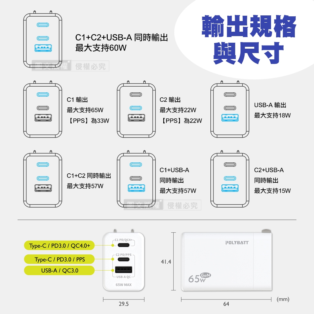 65W氮化鎵GaN 輕巧快充頭PD+QC+PPS全兼容USB-C/A三孔輸出充電器(白色