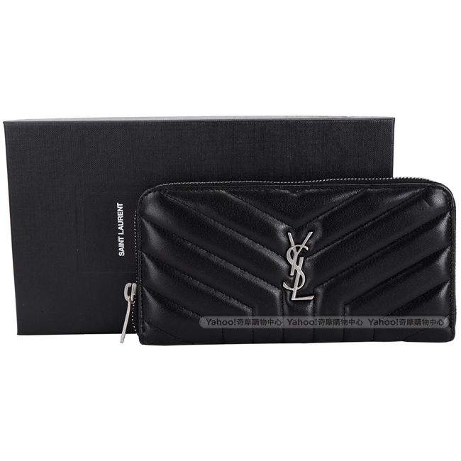 YSL Saint Laurent LOULOU Y字絎縫小羊皮拉鍊長夾(黑色)