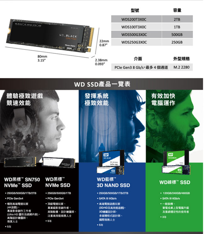 WD 黑標 SN750 2TB NVMe PCIe SSD固態硬碟