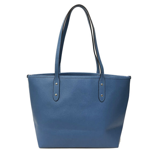 COACH 經典金屬LOGO防刮牛皮肩背托特包(黛藍)