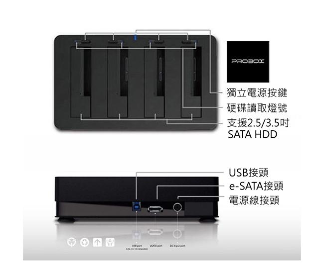 PROBOX USB3.0+eSATA雙介面 2.5/3.5吋通用 4插槽硬碟外接座