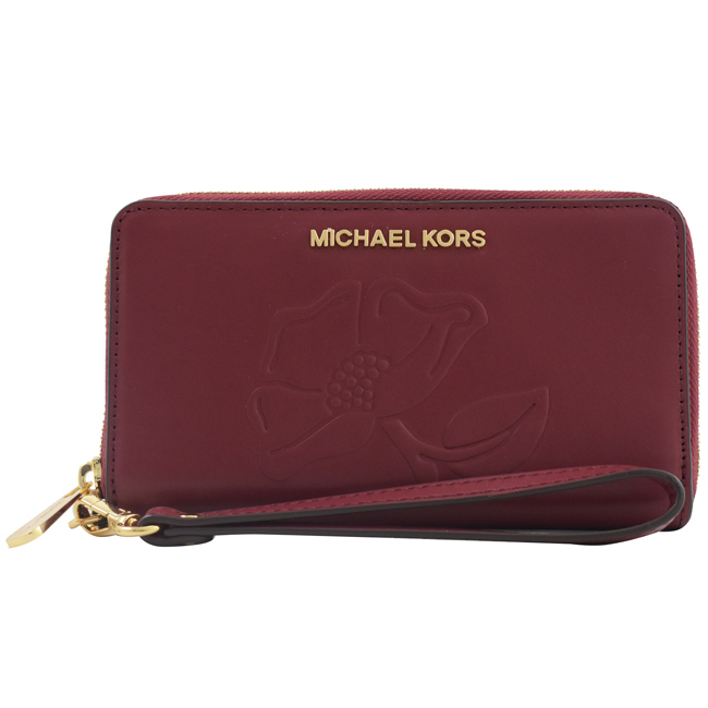 MICHAEL KORS NOUVEAU FLORAL立體花朵牛皮對開式手掛中夾(莓紅)