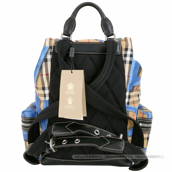 BURBERRY The Rucksack Vintage 中型塗鴉格紋軍旅背包(藍色)