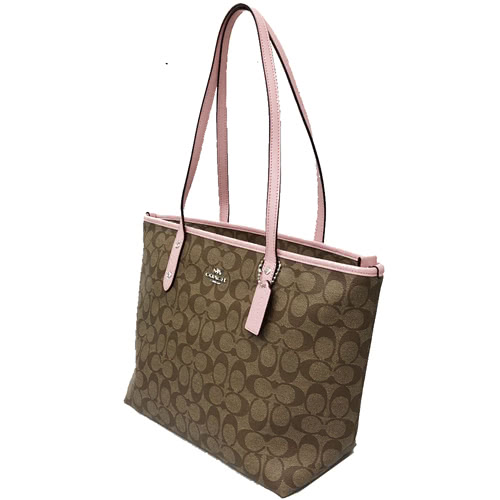 COACH 經典C LOGO防刮PVC皮革肩背大托特包(薔薇粉)