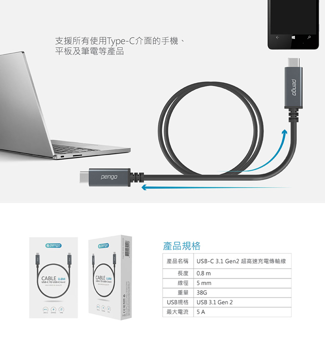 iStyle Pengo USB-C 3.1 Gen2 超高速充電傳輸線 (0.8M)