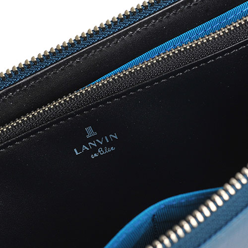 LANVIN en Bleu 品牌經典LOGO圖騰防刮牛皮拉鍊機能長夾(藍色系)