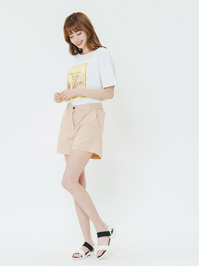 H:CONNECT 韓國品牌 女裝-知性純色棉麻短褲-卡其