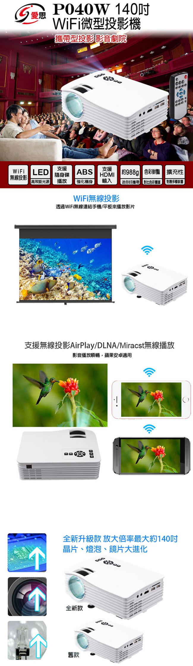 福利品-IS愛思 P040W 140吋WiFi無線同屏鏡射微型投影機