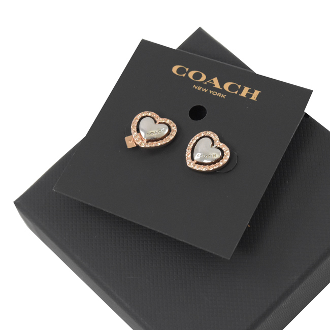 COACH 烙印LOGO愛心小水鑽耳環(銀/玫瑰金色)