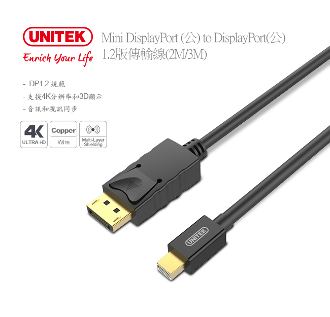 UNITEK Mini DP轉DP 1.2版傳輸線(2M)