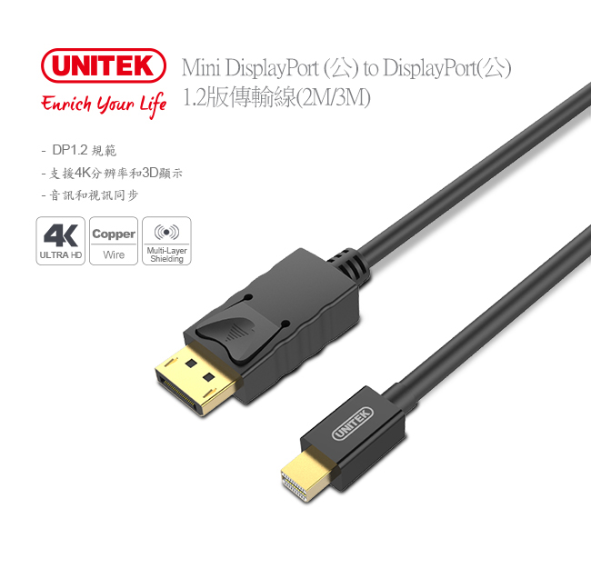 UNITEK Mini DP轉DP 1.2版傳輸線(3M)